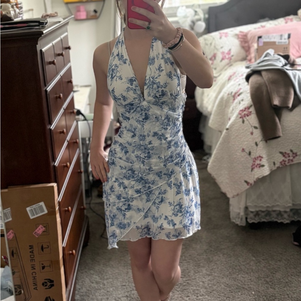 SHEIN Blue Floral Halter Mini Dress